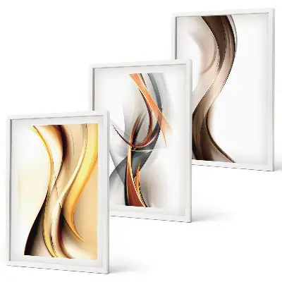 Conjunto de quadros para sala de estar com estampas de ondas em tons de amarelo, cinza e castanho