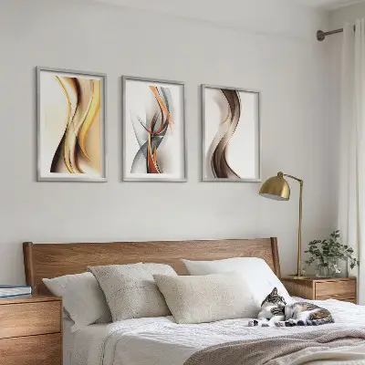 Conjunto de quadros para sala de estar com estampas de ondas em tons de amarelo, cinza e castanho