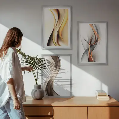 Conjunto de quadros para sala de estar com estampas de ondas em tons de amarelo, cinza e castanho