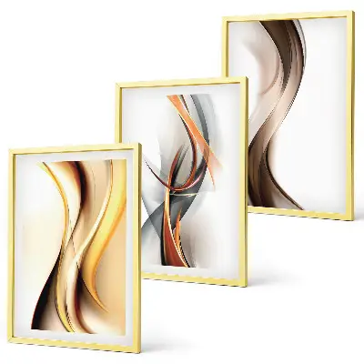Conjunto de quadros para sala de estar com estampas de ondas em tons de amarelo, cinza e castanho