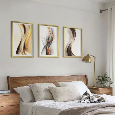 Conjunto de quadros para sala de estar com estampas de ondas em tons de amarelo, cinza e castanho