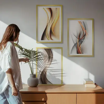 Conjunto de quadros para sala de estar com estampas de ondas em tons de amarelo, cinza e castanho