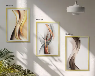Conjunto de quadros para sala de estar com estampas de ondas em tons de amarelo, cinza e castanho