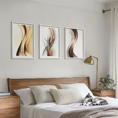 Conjunto de quadros para sala de estar com estampas de ondas em tons de amarelo, cinza e castanho