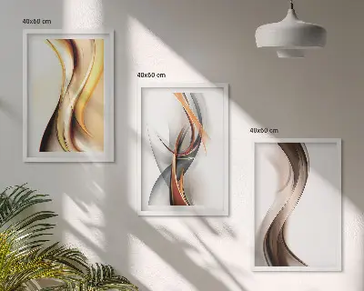 Conjunto de quadros para sala de estar com estampas de ondas em tons de amarelo, cinza e castanho