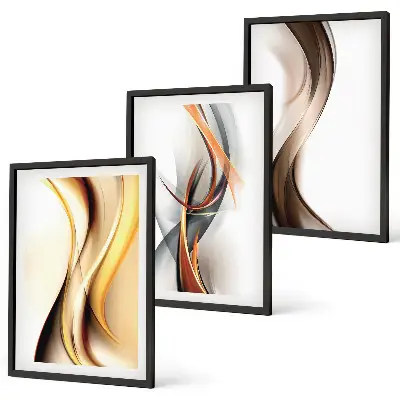 Conjunto de quadros para sala de estar com estampas de ondas em tons de amarelo, cinza e castanho
