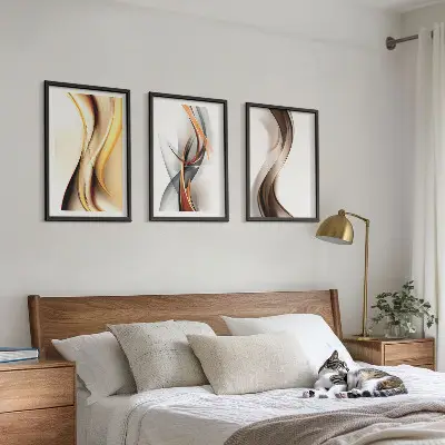 Conjunto de quadros para sala de estar com estampas de ondas em tons de amarelo, cinza e castanho