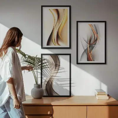 Conjunto de quadros para sala de estar com estampas de ondas em tons de amarelo, cinza e castanho