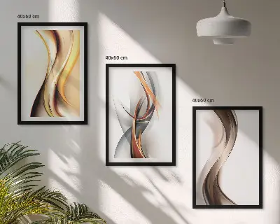 Conjunto de quadros para sala de estar com estampas de ondas em tons de amarelo, cinza e castanho