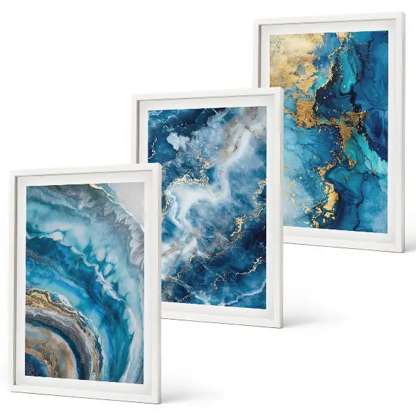 Conjunto de 3 quadros com moldura com padrões abstratos azuis