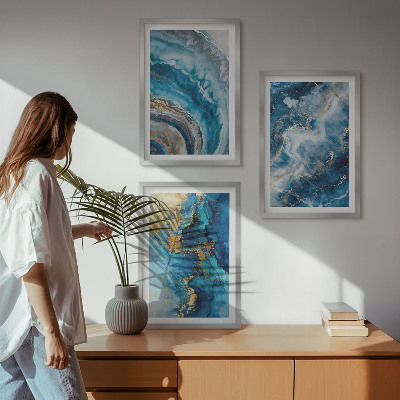 Conjunto de 3 quadros com moldura Padrões abstratos azuis