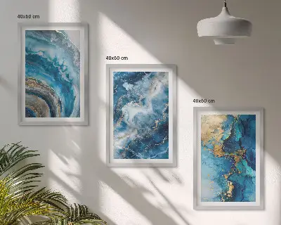 Conjunto de 3 quadros com moldura com padrões abstratos azuis