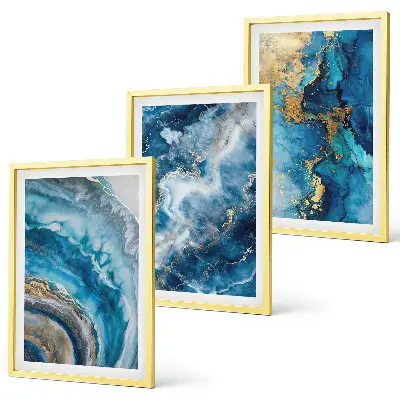 Conjunto de 3 quadros com moldura com padrões abstratos azuis