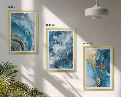 Conjunto de 3 quadros com moldura com padrões abstratos azuis