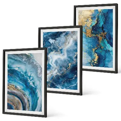 Conjunto de 3 quadros com moldura com padrões abstratos azuis