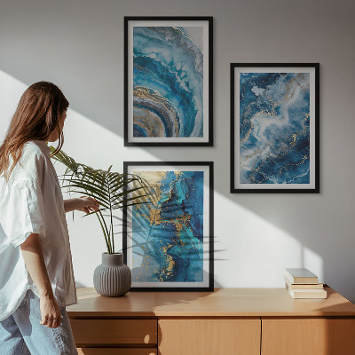 Conjunto de 3 quadros com moldura Padrões abstratos azuis