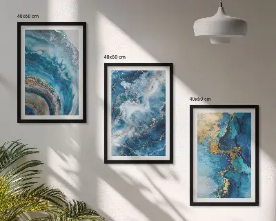 Conjunto de 3 quadros com moldura com padrões abstratos azuis