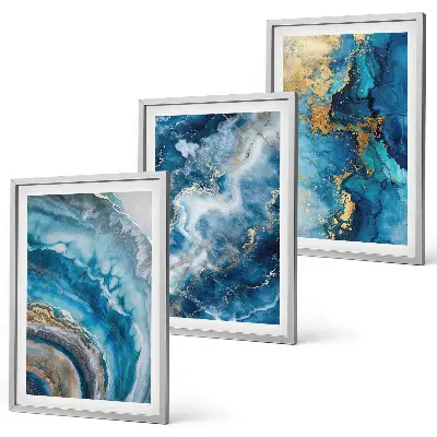 Conjunto de 3 quadros com moldura com padrões abstratos azuis