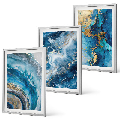 Conjunto de 3 quadros com moldura Padrões abstratos azuis