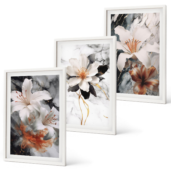 Conjunto de quadros para sala de estar Flores mármore branco preto