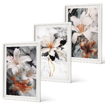 Conjunto de quadros para sala de estar Flores mármore branco preto