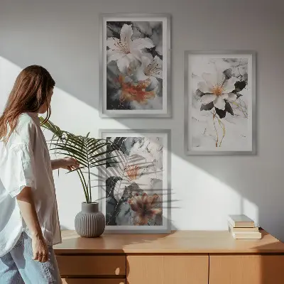 Conjunto de quadros para sala de estar estampa de flores em mármore branco e preto