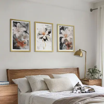 Conjunto de quadros para sala de estar estampa de flores em mármore branco e preto