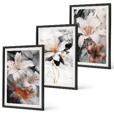 Conjunto de quadros para sala de estar estampa de flores em mármore branco e preto