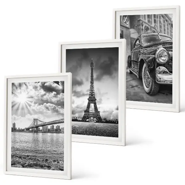 Conjunto de 3 quadros com moldura com vistas da cidade, pontes e Torre Eiffel