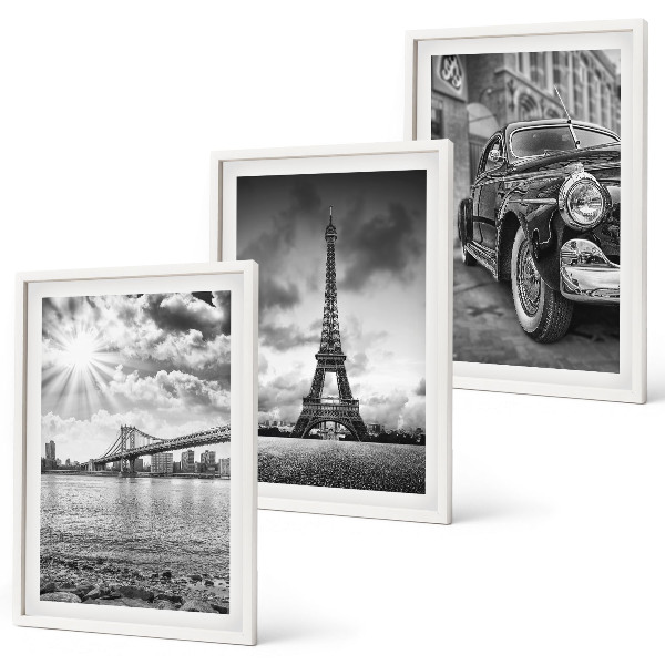 Conjunto de 3 quadros com moldura Vistas da cidade, pontes, Torre Eiffel