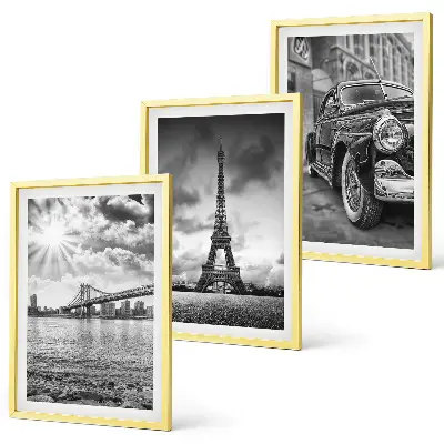 Conjunto de 3 quadros com moldura com vistas da cidade, pontes e Torre Eiffel