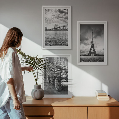 Conjunto de 3 quadros com moldura Vistas da cidade, pontes, Torre Eiffel