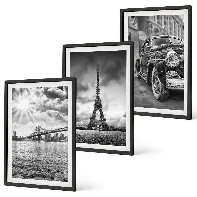 Conjunto de 3 quadros com moldura com vistas da cidade, pontes e Torre Eiffel