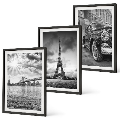 Conjunto de 3 quadros com moldura Vistas da cidade, pontes, Torre Eiffel
