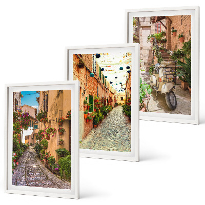 Conjunto de 3 quadros com moldura Ruas, flores, atmosfera italiana