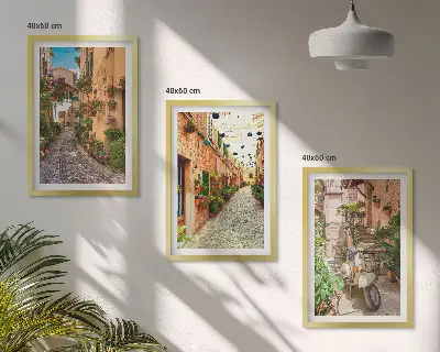 Conjunto de 3 quadros com moldura com tema de ruas e flores em atmosfera italiana