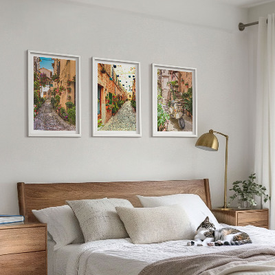 Conjunto de 3 quadros com moldura Ruas, flores, atmosfera italiana