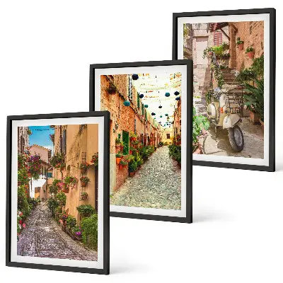Conjunto de 3 quadros com moldura com tema de ruas e flores em atmosfera italiana