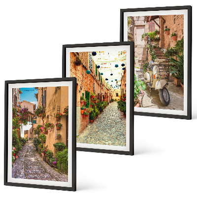 Conjunto de 3 quadros com moldura Ruas, flores, atmosfera italiana