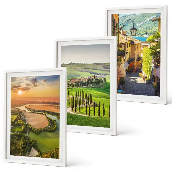 Conjunto de 3 quadros com moldura paisagens italianas de rua do rio