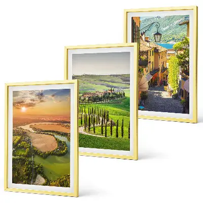 Conjunto de 3 quadros com moldura paisagens italianas de rua do rio