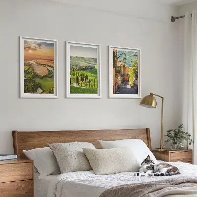 Conjunto de 3 quadros com moldura paisagens italianas de rua do rio
