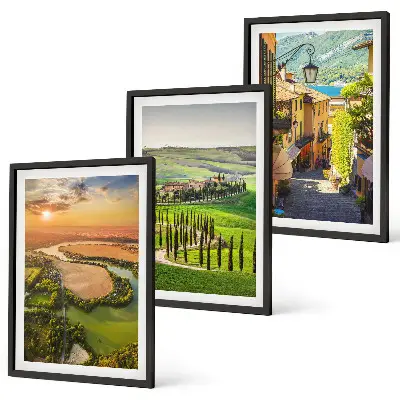 Conjunto de 3 quadros com moldura paisagens italianas de rua do rio