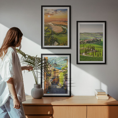 Conjunto de 3 quadros com moldura Paisagens italianas, rua do rio