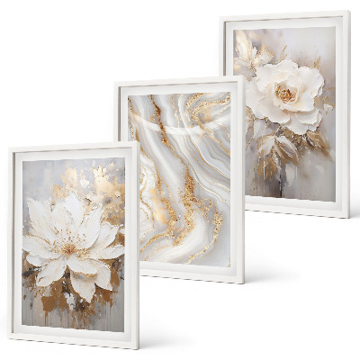 Conjunto de 3 quadros com moldura Flores abstratas em mármore
