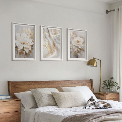 Conjunto de 3 quadros com moldura Flores abstratas em mármore