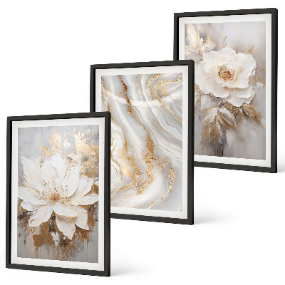 Conjunto de 3 quadros com moldura Flores abstratas em mármore