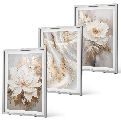 Conjunto de 3 quadros com moldura Flores abstratas em mármore