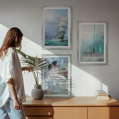 Conjunto de quadros para sala de estar navio e mar abstrato com dançarina