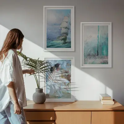 Conjunto de quadros para sala de estar navio e mar abstrato com dançarina